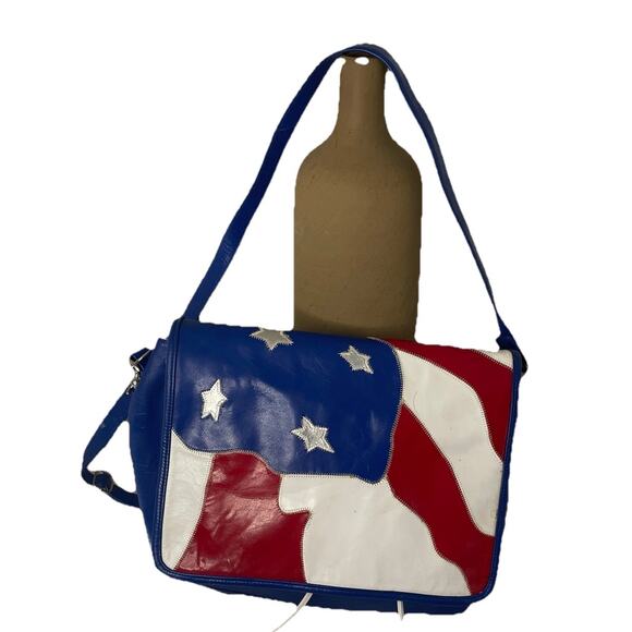 American Flag Patchwork Red White Blue Leather Messenger Crossbody Bag USA - Picture 1 of 14